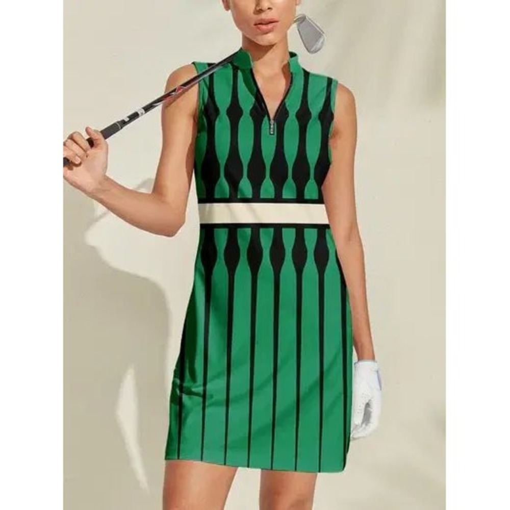 Acegolfs Green Black Geometric Stripe Quarter Zip Golf Dress Pockets‎ Small NWT